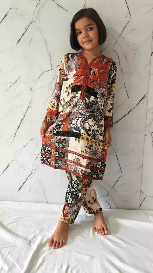 Girls Kids Karachi Lace Rayon Kurta Pant Straight Cut Cord-Sets