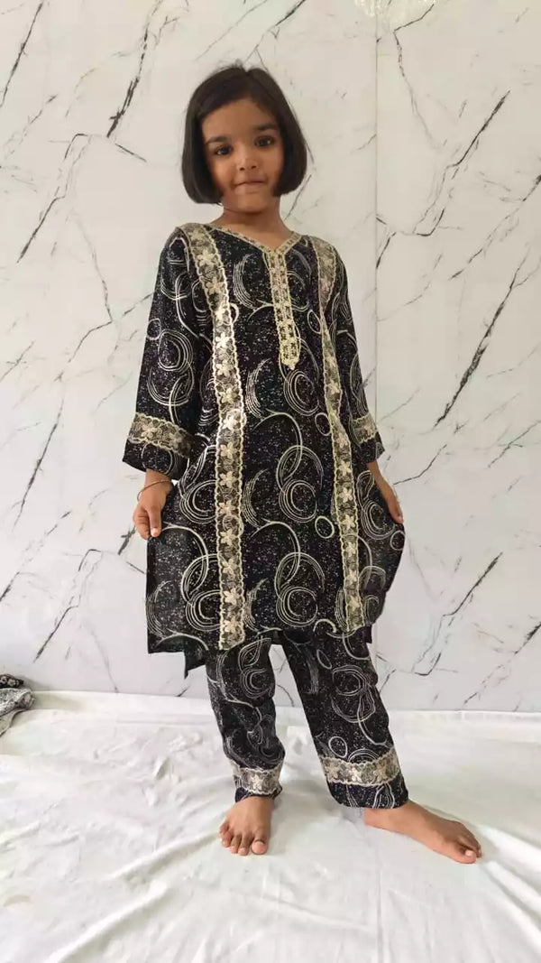 Girls Kids Karachi Lace Rayon Kurta Pant Straight Cut Cord-Sets