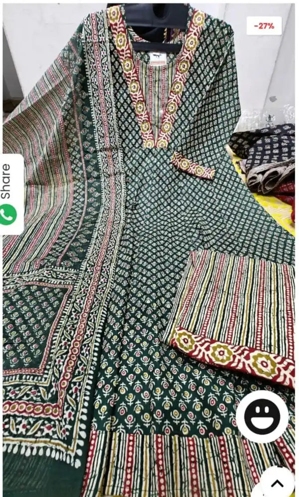 Gown With Kali In Premium Cotton Fabric, Cotton Pant, Mal Cotton Print Dupatta