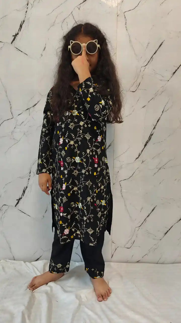 Girls Kids Karachi Lace Rayon Kurta Pant Straight Cut Cord-Sets