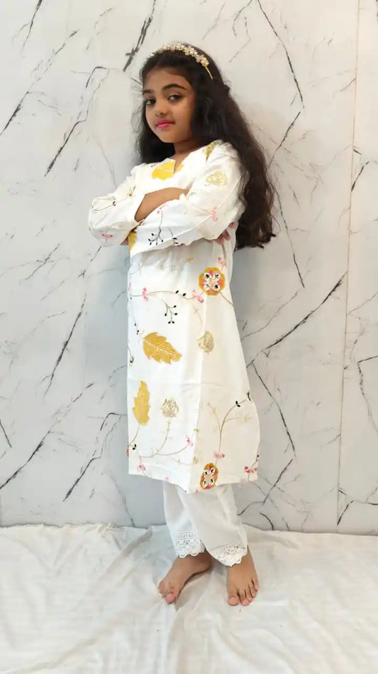 Girls Kids Karachi Lace Rayon Kurta Pant Straight Cut Cord-Sets