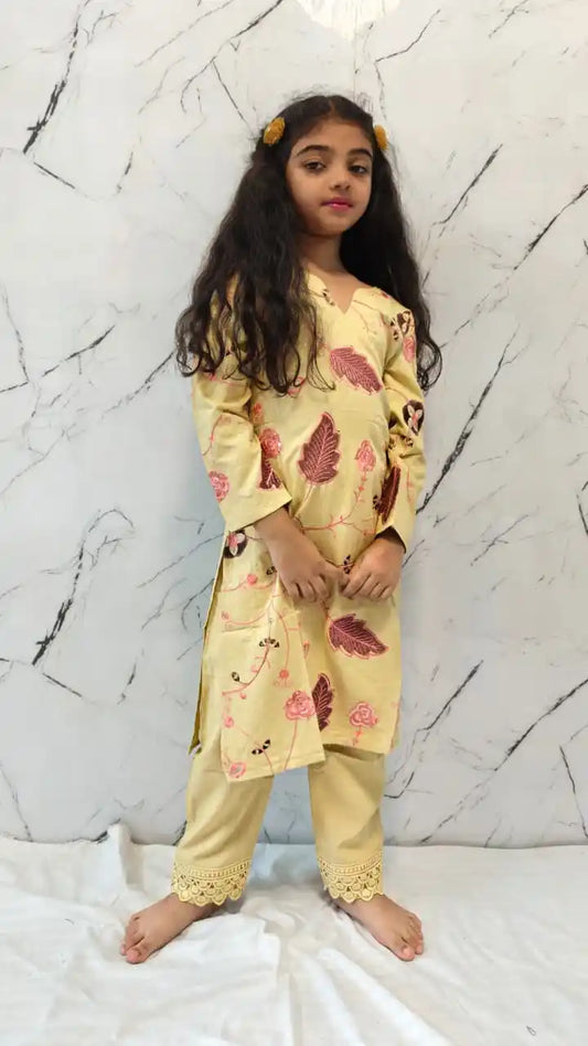 Girls Kids Karachi Lace Rayon Kurta Pant Straight Cut Cord-Sets