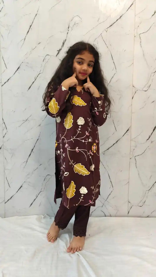 Girls Kids Karachi Lace Rayon Kurta Pant Straight Cut Cord-Sets