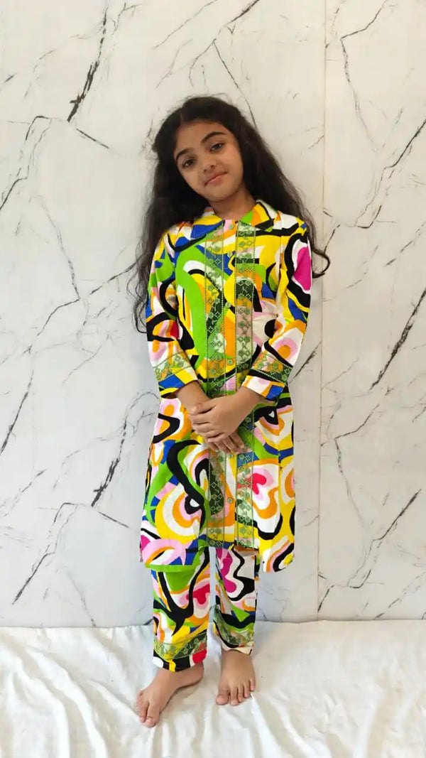 Girls Rayon Cord Set With Print, Crochet Lace & Rayon Printed Pant