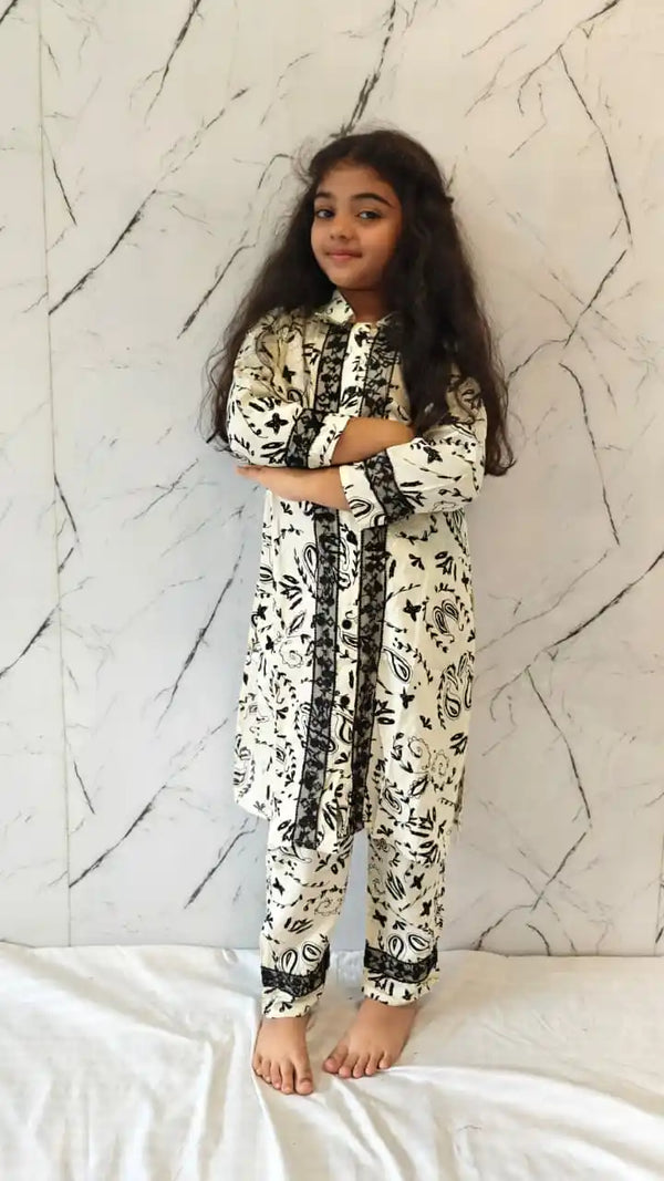 Girls Rayon Cord Set With Print, Crochet Lace & Rayon Printed Pant
