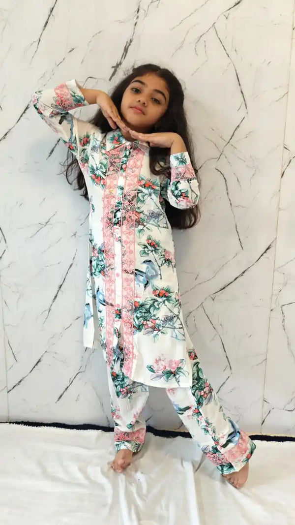 Girls Rayon Cord Set With Print, Crochet Lace & Rayon Printed Pant