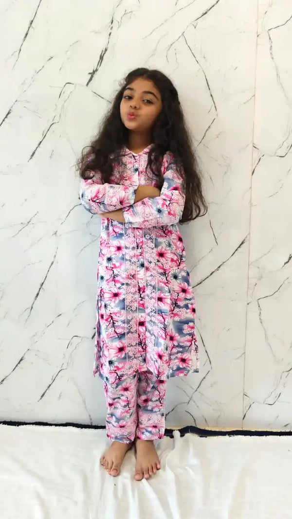 Girls Rayon Cord Set With Print, Crochet Lace & Rayon Printed Pant
