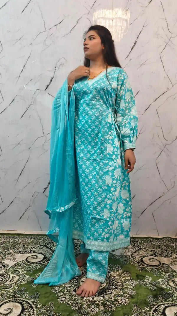 Princess Cut Jaipuri Premium Cotton Readymade Suit With Chiffon Emb Dupatta & Cotton Pant