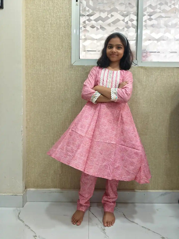 Girls A-line pattern, Neck Crochet Lace & Cotton Pant