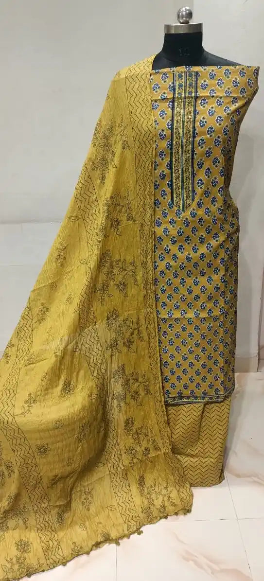 Cotton Unstitched Suit With Neck Heavy Embroidery & POM POM Lace Dupatta