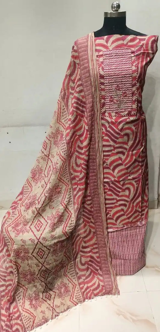 Cotton Unstitched Suit With Neck Heavy Embroidery & POM POM Lace Dupatta