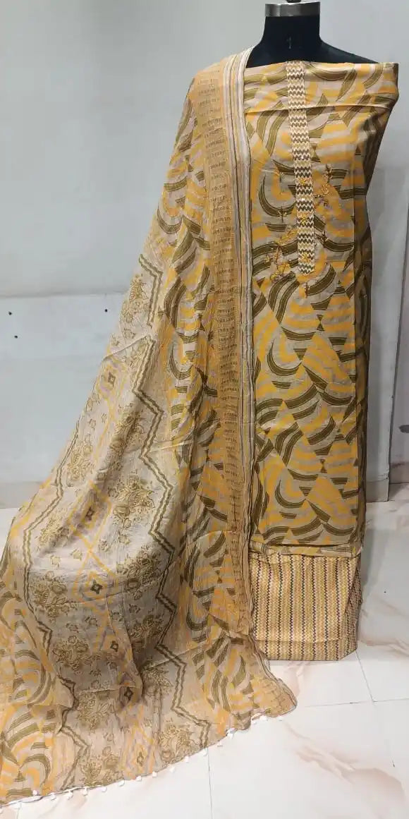 Cotton Unstitched Suit With Neck Heavy Embroidery & POM POM Lace Dupatta
