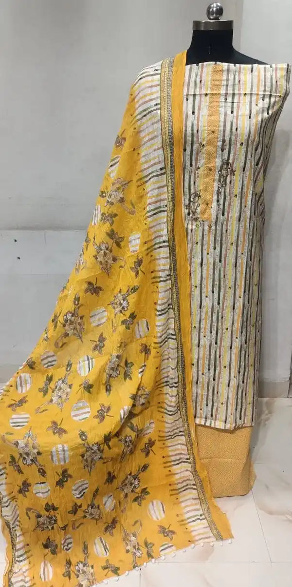 Cotton Unstitched Suit With Neck Heavy Embroidery & POM POM Lace Dupatta