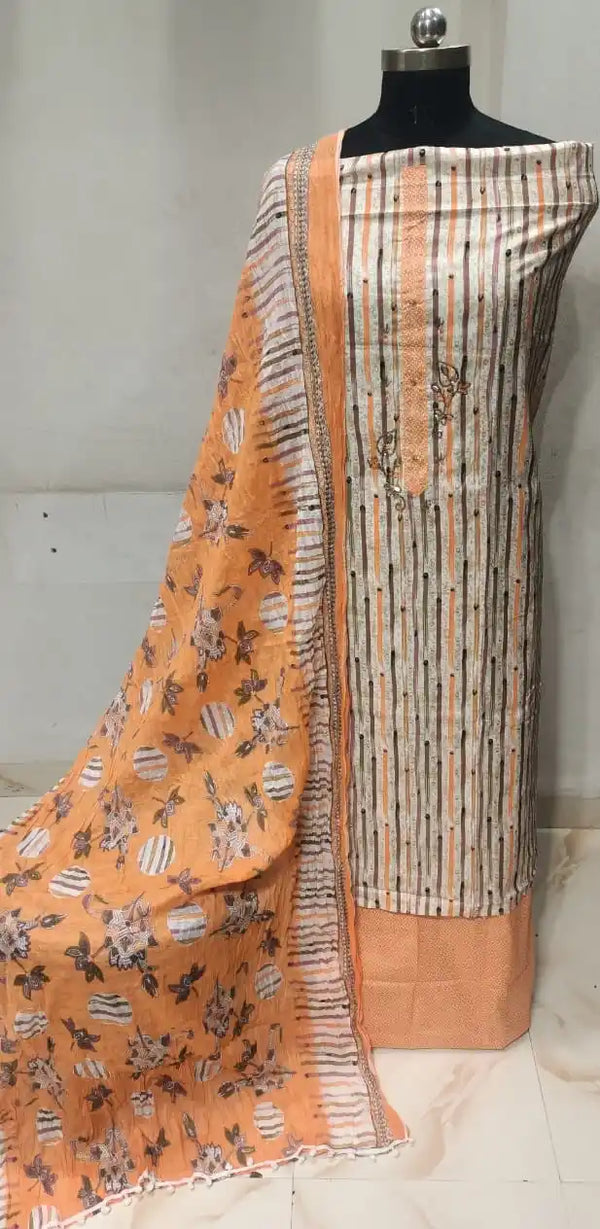 Cotton Unstitched Suit With Neck Heavy Embroidery & POM POM Lace Dupatta