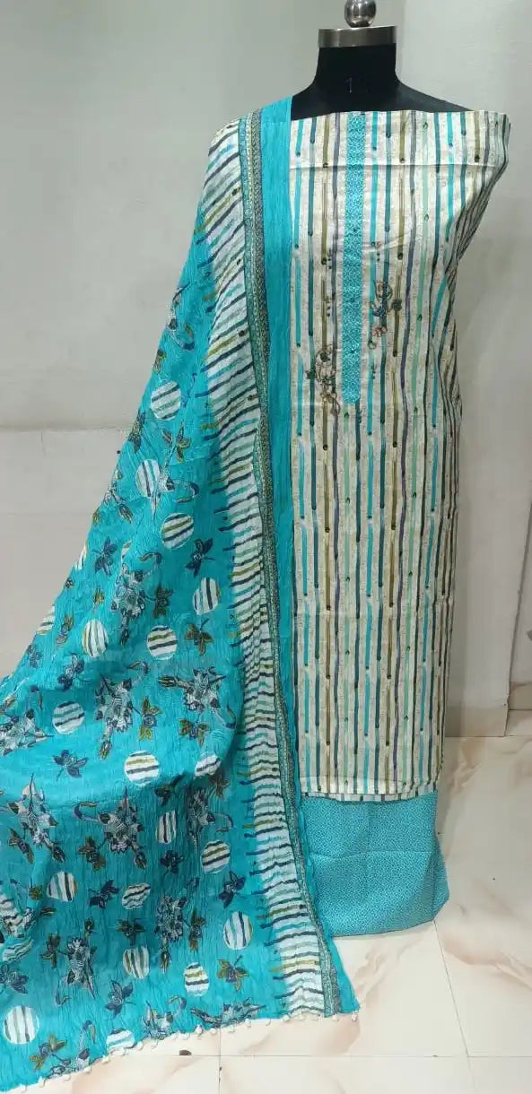 Cotton Unstitched Suit With Neck Heavy Embroidery & POM POM Lace Dupatta