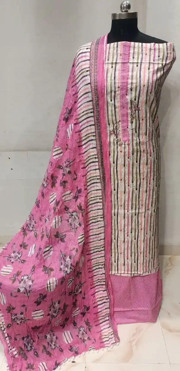 Cotton Unstitched Suit With Neck Heavy Embroidery & POM POM Lace Dupatta