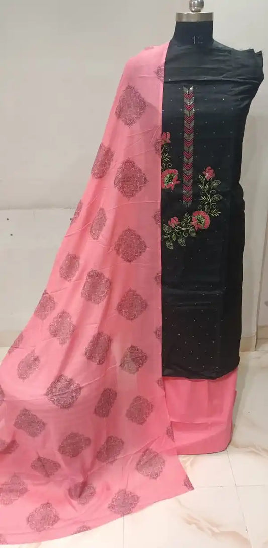 Cotton Unstitched Suit With Neck Heavy Embroidery & POM POM Lace Dupatta