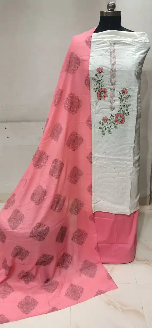 Cotton Unstitched Suit With Neck Heavy Embroidery & POM POM Lace Dupatta