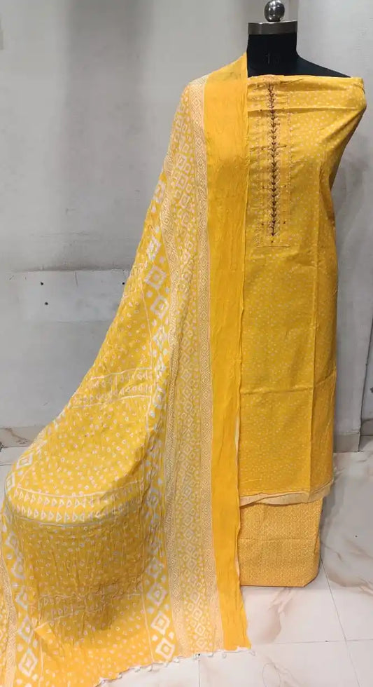 Cotton Unstitched Suit With Neck Heavy Embroidery & POM POM Lace Dupatta
