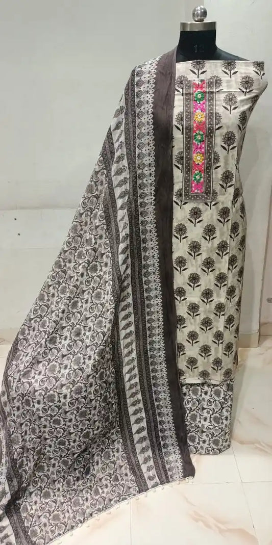 Cotton Unstitched Suit With Neck Heavy Embroidery & POM POM Lace Dupatta