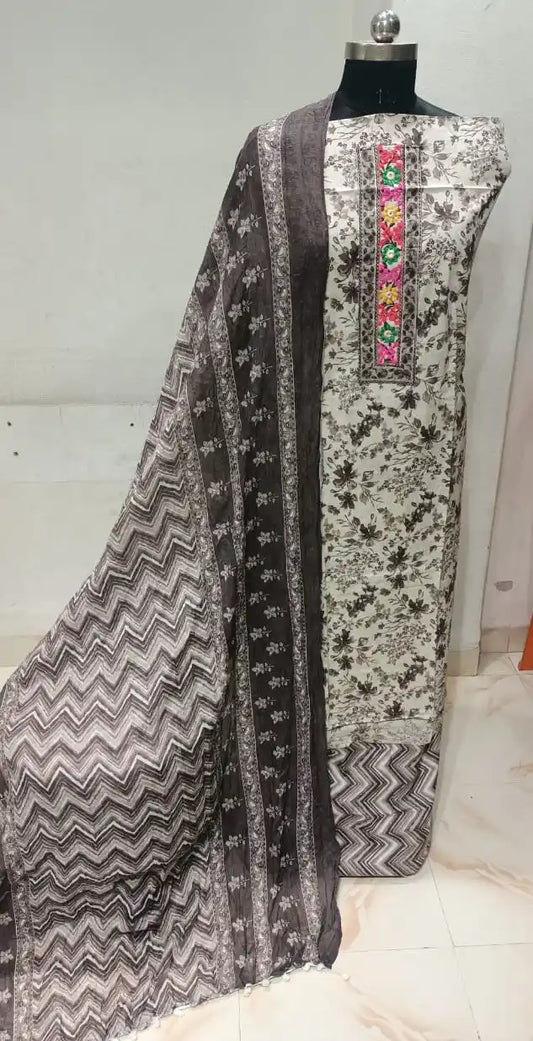 Cotton Unstitched Suit With Neck Heavy Embroidery & POM POM Lace Dupatta