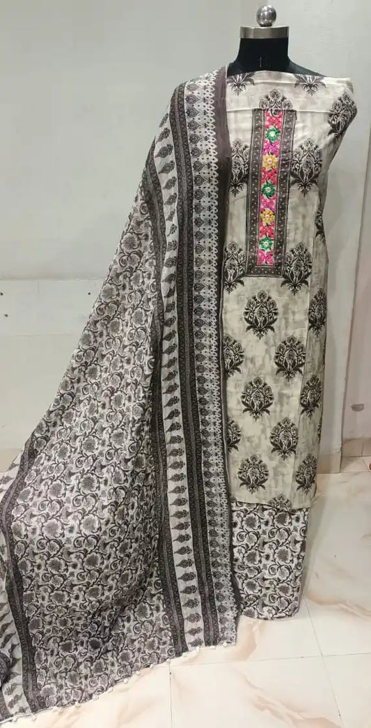 Cotton Unstitched Suit With Neck Heavy Embroidery & POM POM Lace Dupatta