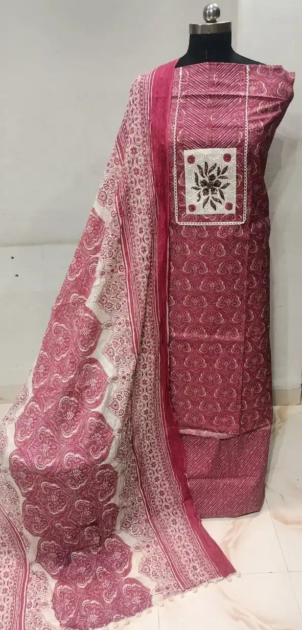 Cotton Unstitched Suit With Neck Heavy Embroidery & POM POM Lace Dupatta
