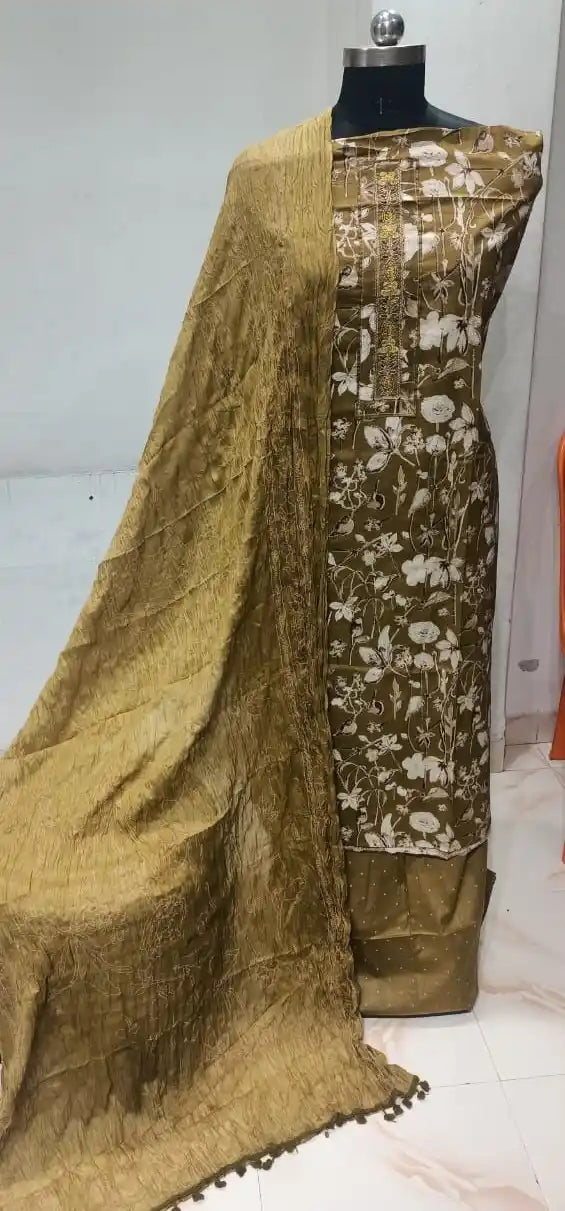 Cotton Unstitched Suit With Neck Heavy Embroidery & POM POM Lace Dupatta