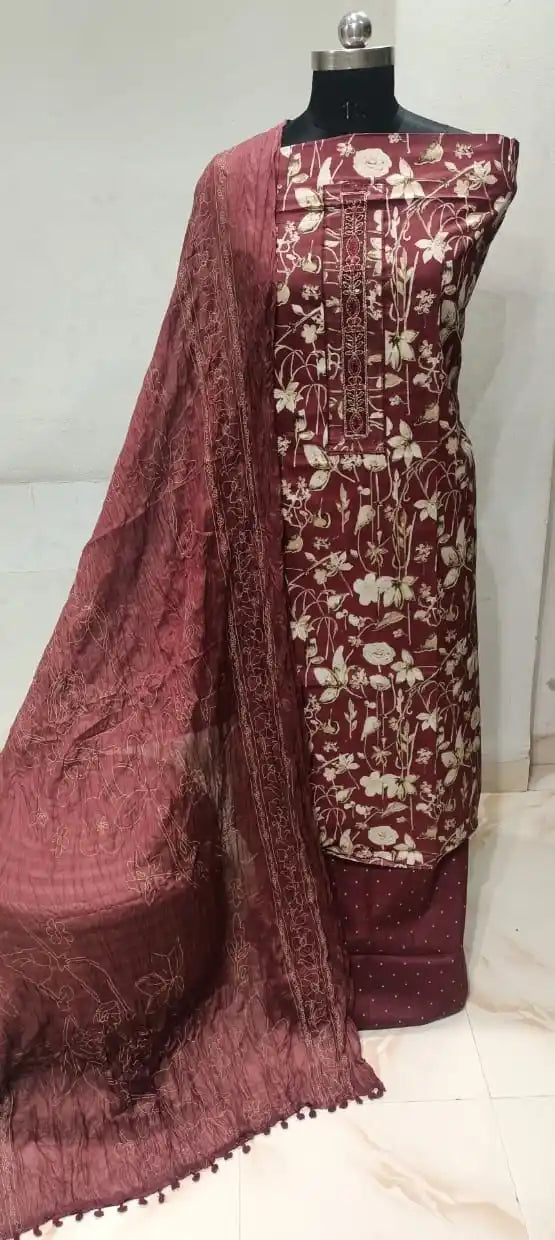 Cotton Unstitched Suit With Neck Heavy Embroidery & POM POM Lace Dupatta