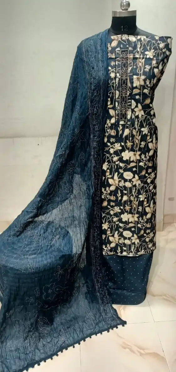 Cotton Unstitched Suit With Neck Heavy Embroidery & POM POM Lace Dupatta