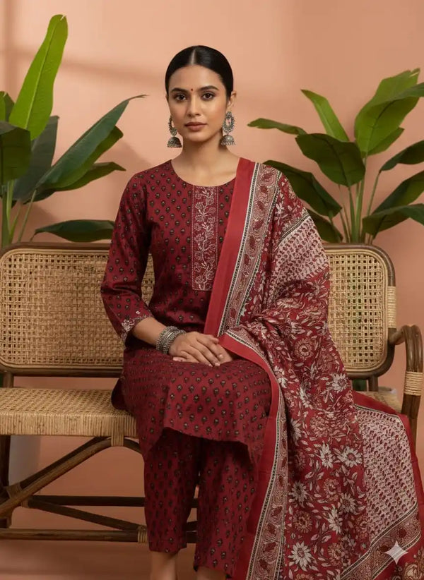 Readymade Block Print Cotton Suit With Cotton Dupatta