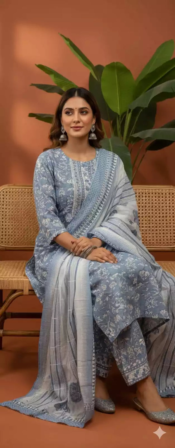 Readymade Block Print Cotton Suit With Cotton Dupatt