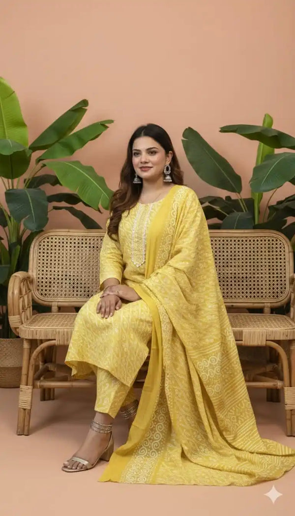 Readymade Block Print Cotton Suit With Cotton Dupatta