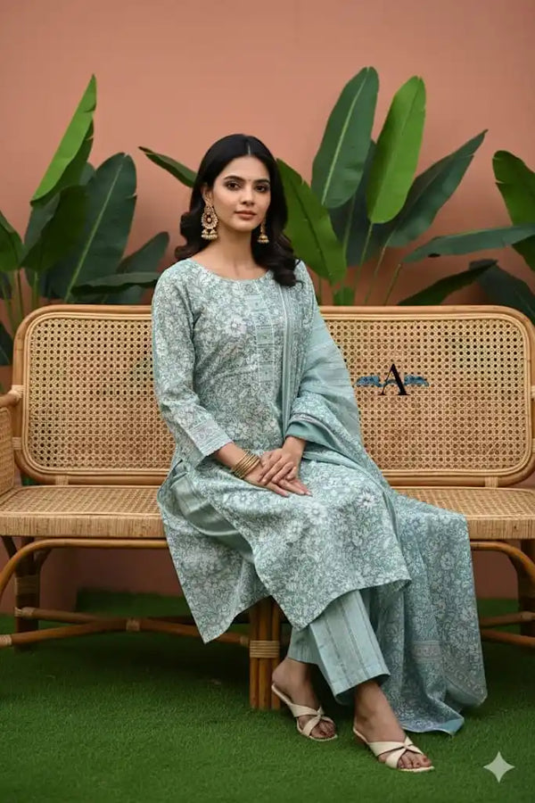 Readymade Block Print Cotton Suit With Cotton Dupatta