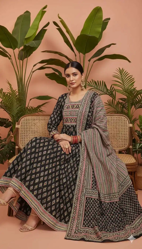 Gown With Kali In Premium Cotton Fabric, Cotton Pant, Mal Cotton Print Dupatta