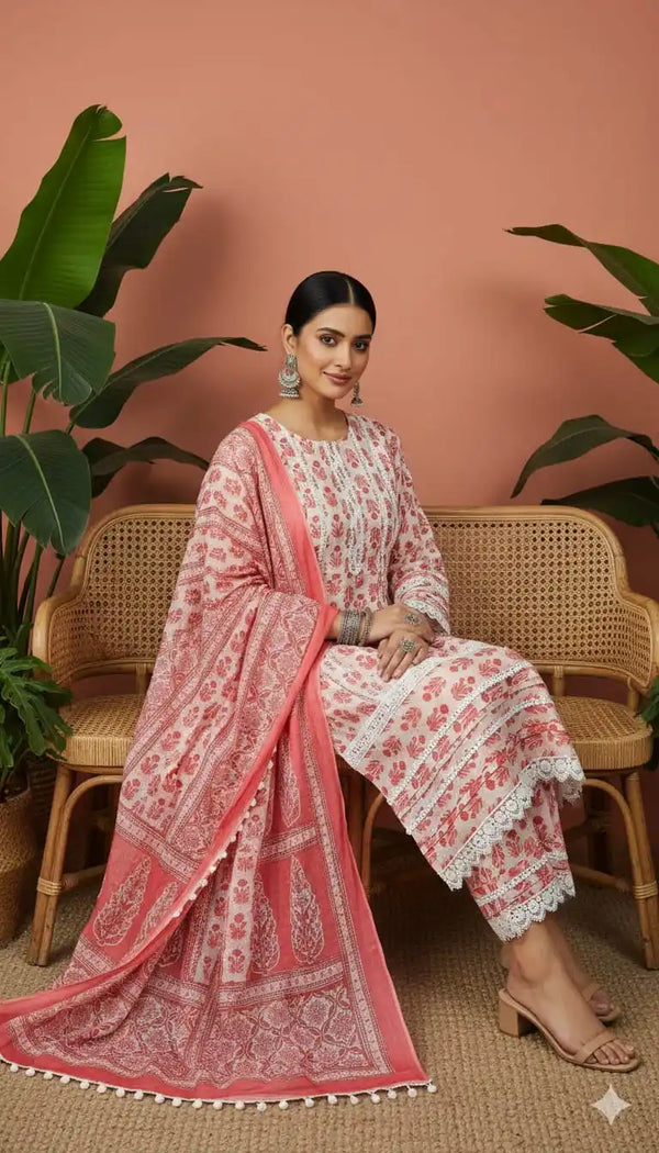 Karachi Pattern With Pleats Work,  Neck Potli buttons , Mal Dupatta, Cotton Pant
