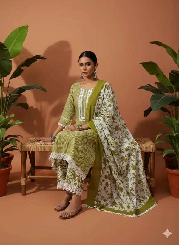 Readymade Block Print Cotton Suit With Cotton Dupatta
