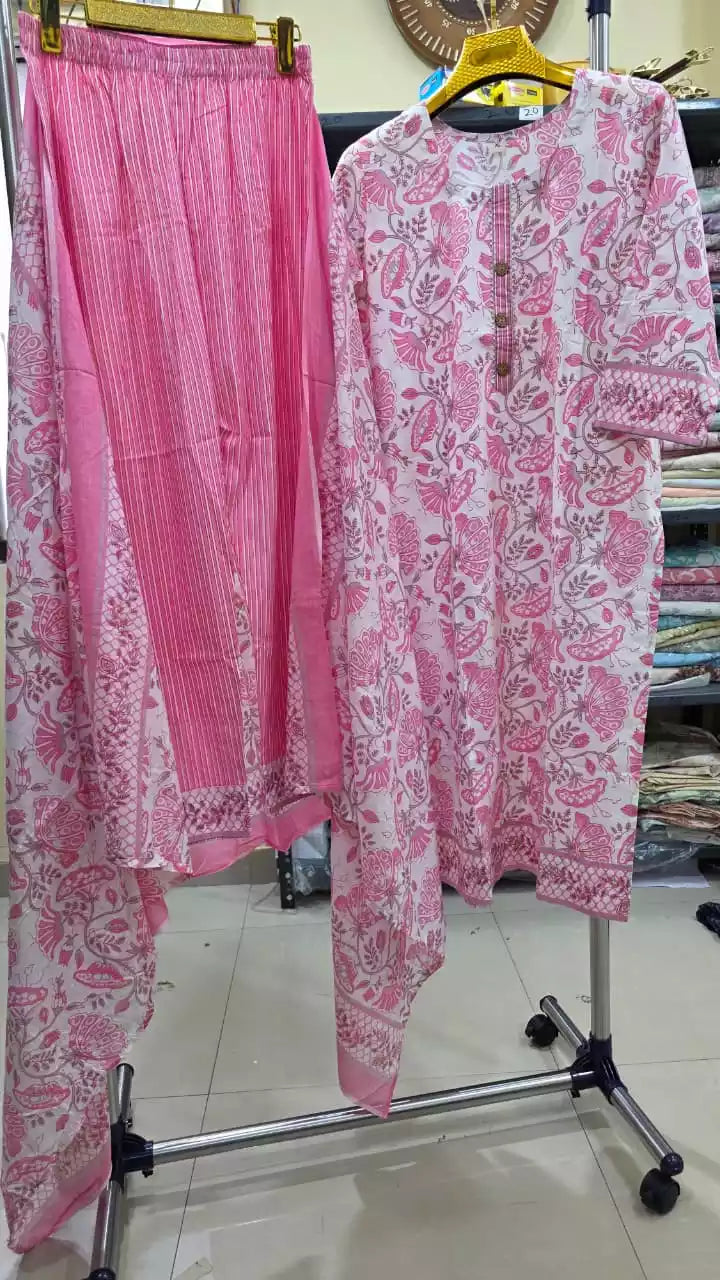 Jaipuri Straight-Cut Readymade Soft Cotton Suit With Cotton Dupatta, Cotton Pant