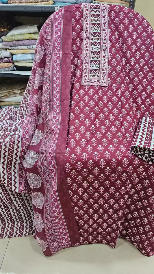 Unstitched Suit with Neck Embroidery & Cotton Dupatta