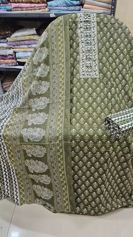 Unstitched Suit with Neck Embroidery & Cotton Dupatta