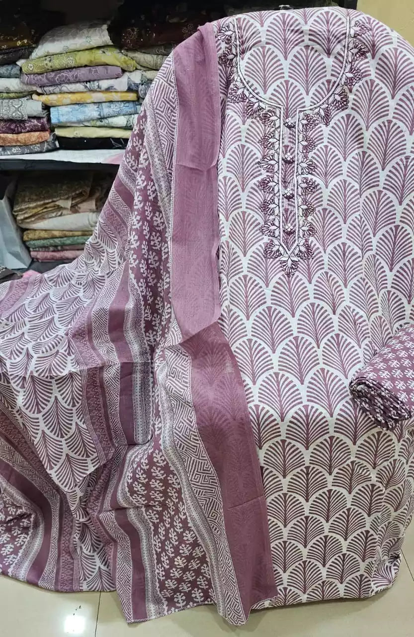 Unstitched Suit with Neck Embroidery & Cotton Dupatta