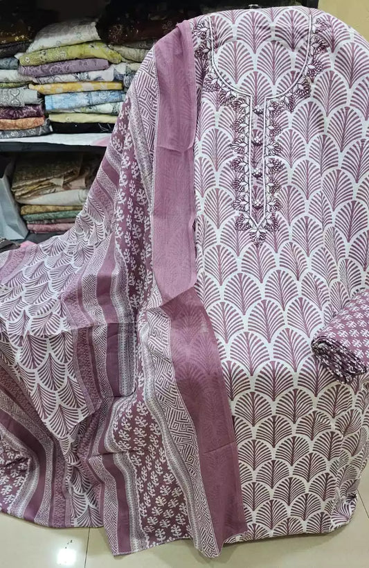 Unstitched Suit with Neck Embroidery & Cotton Dupatta