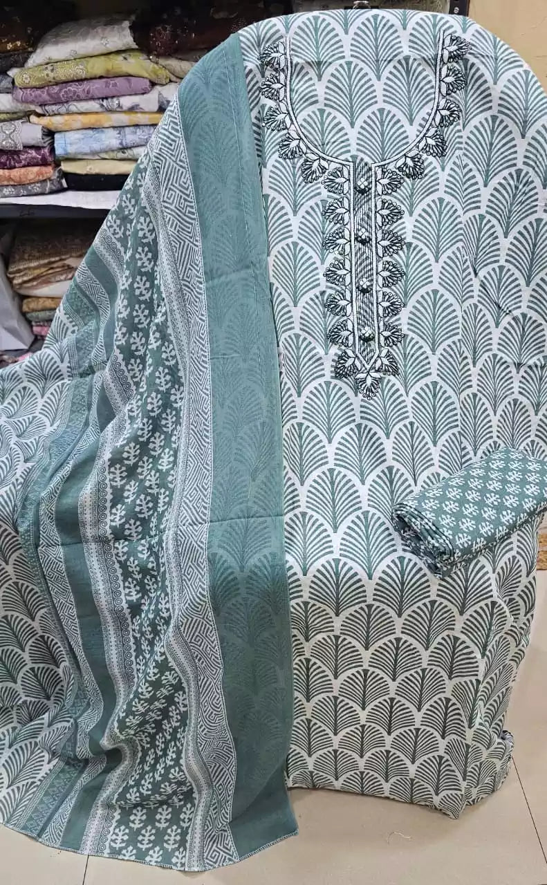Unstitched Suit with Neck Embroidery & Cotton Dupatta