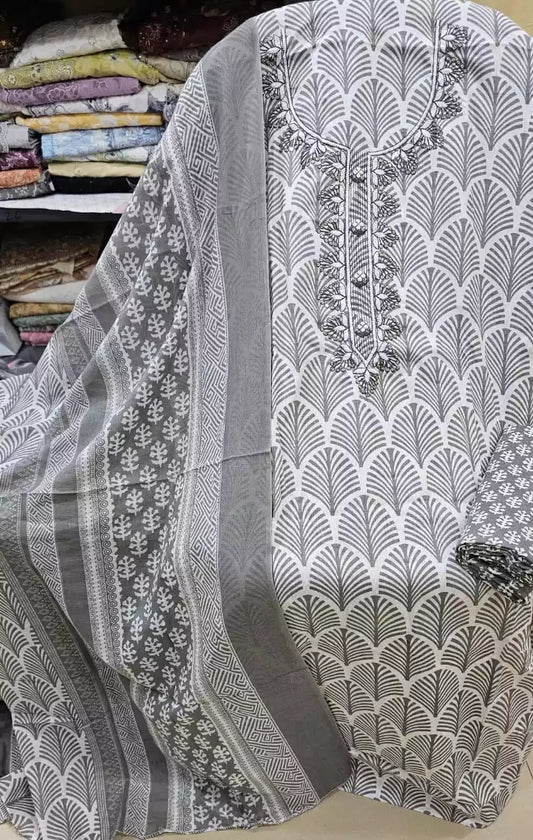 Unstitched Suit with Neck Embroidery & Cotton Dupatta