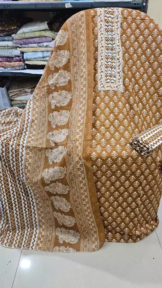Unstitched Suit with Neck Embroidery & Cotton Dupatta