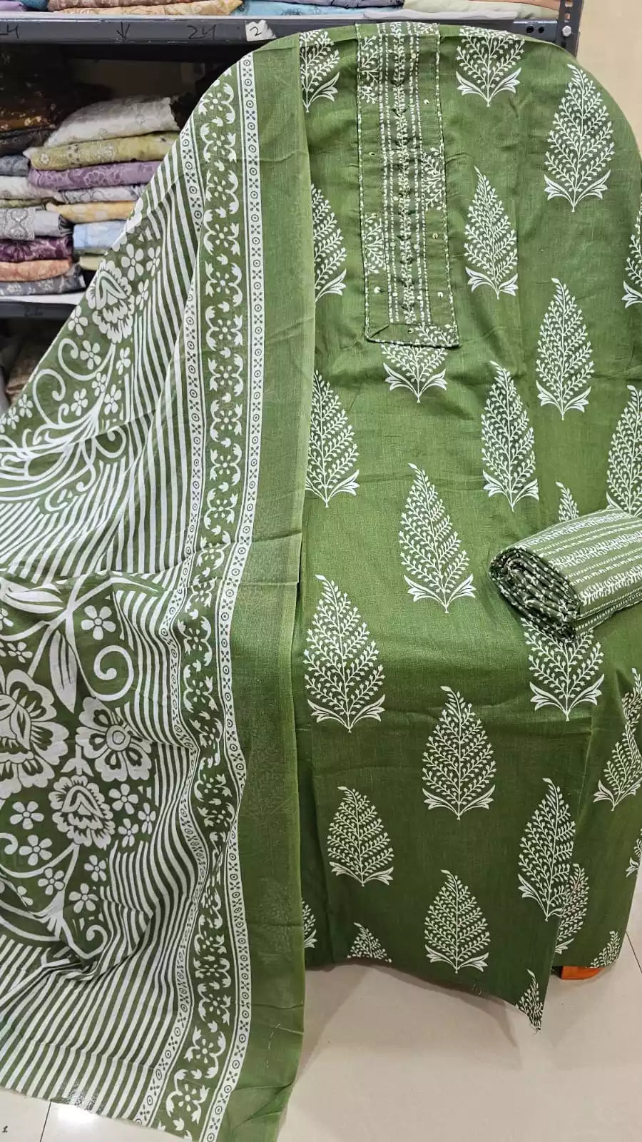 Unstitched Suit with Neck Embroidery & Cotton Dupatta