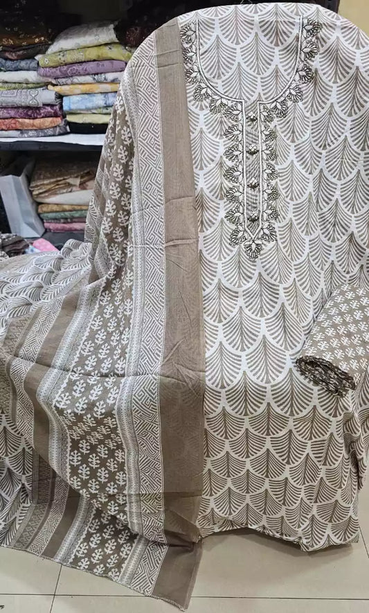 Unstitched Suit with Neck Embroidery & Cotton Dupatta
