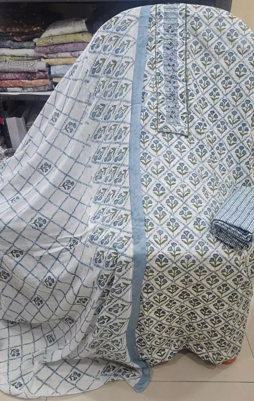 Unstitched Suit with Neck Embroidery & Cotton Dupatta