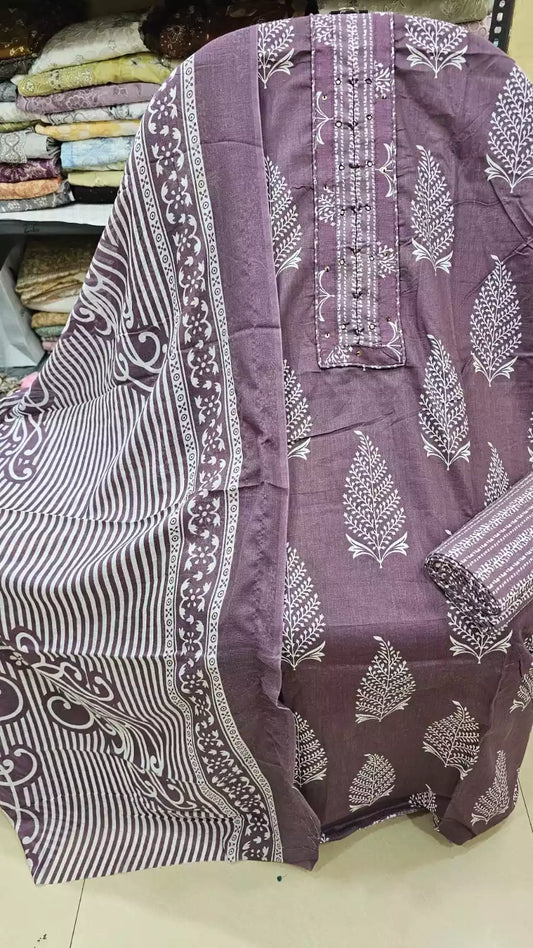 Unstitched Suit with Neck Embroidery & Cotton Dupatta