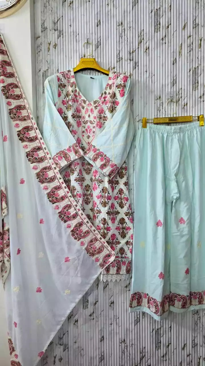 Rayon Kashmiri Embroidered Readymade Suit With EMb Dupatta & Emb Plazo